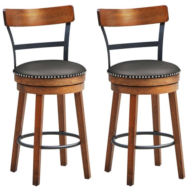 360° Swivel Bar Stools Set of 2, 25.5" Counter Height Dining Chairs with Ladder Back, Leather Padded Seat & Solid Rubber Wood Legs for Kitchen Island
