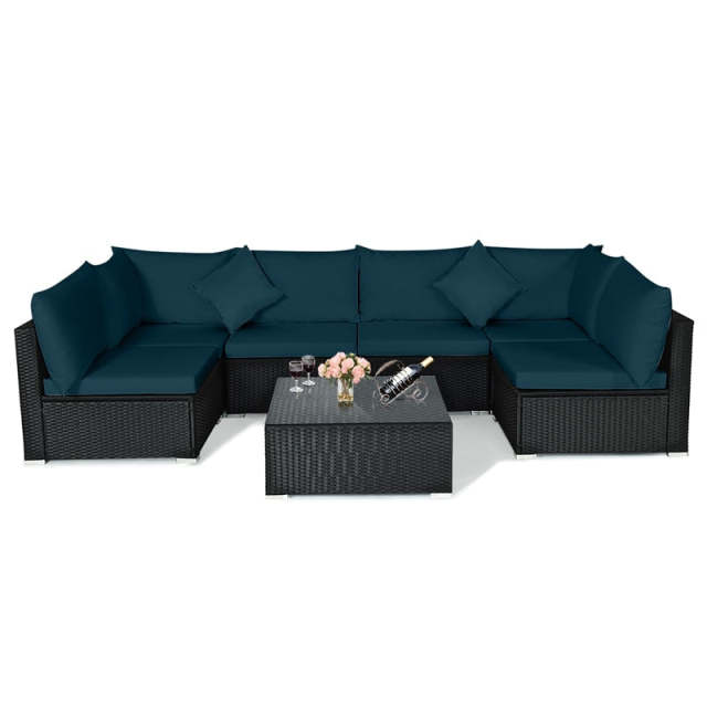 7-Piece PE Rattan Outdoor Sectional Sofa with Tempered Glass Top Table & Cushions, Wicker Patio Furniture Set for Garden Poolside Balcony