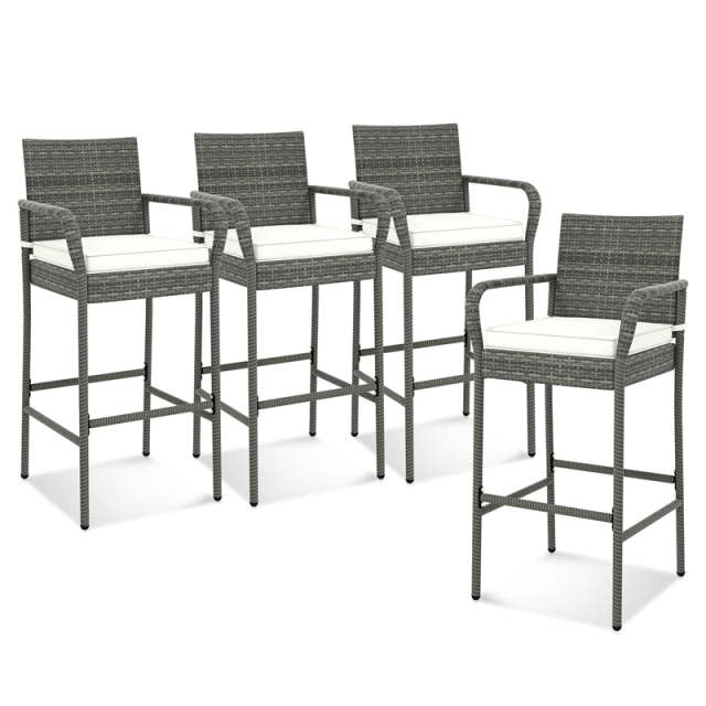 Patio PE Rattan Bar Stools Set of 4 Heavy Duty Frame Outdoor Wicker Bar Chairs 29.5" High Back Barstools with Armrests & Soft Cushions