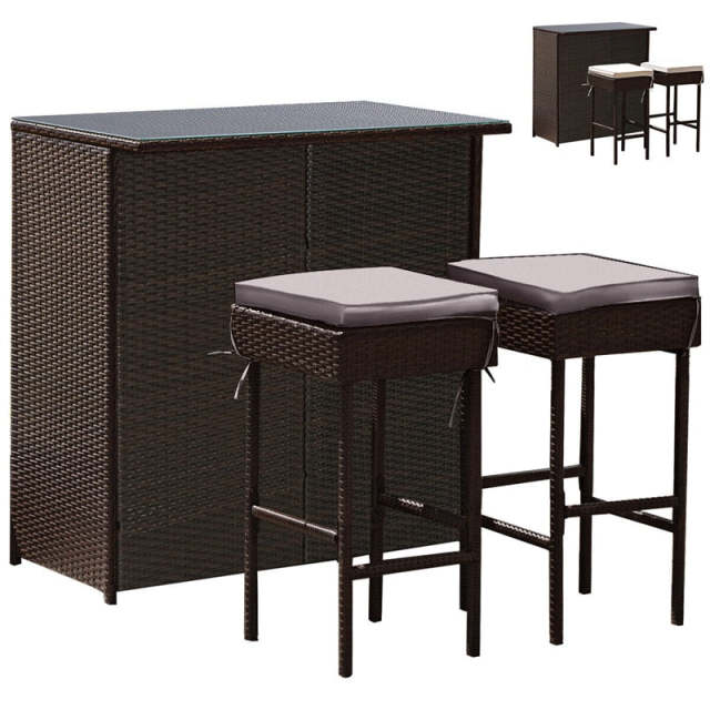 3 Piece Rattan Patio Bar Set Outdoor Wicker Bar Table & Stools Set with 2 Set of Cushion Cover