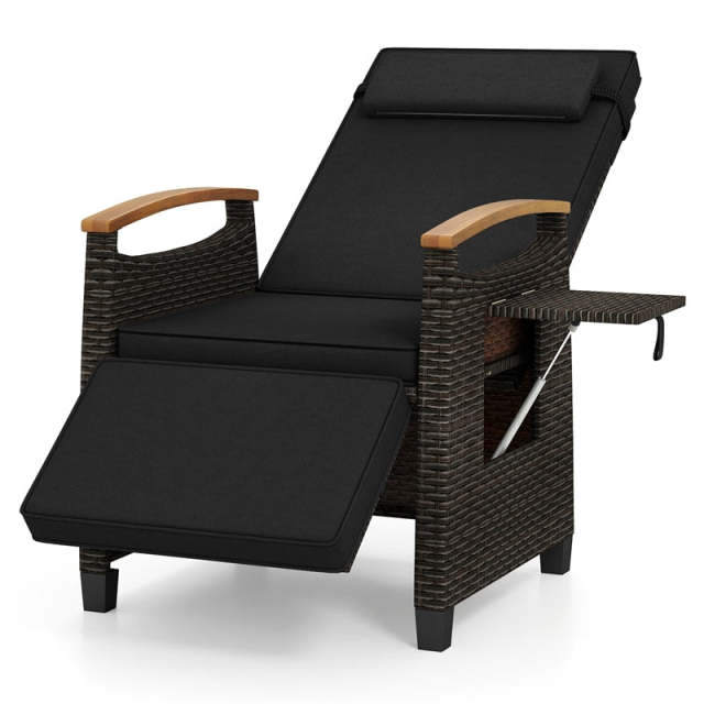 Outdoor Wicker Recliner Chair with Adjustable Backrest, Footrest, Flip Side Table & Cushion, Patio Rattan Chaise Lounge for Backyard Porch