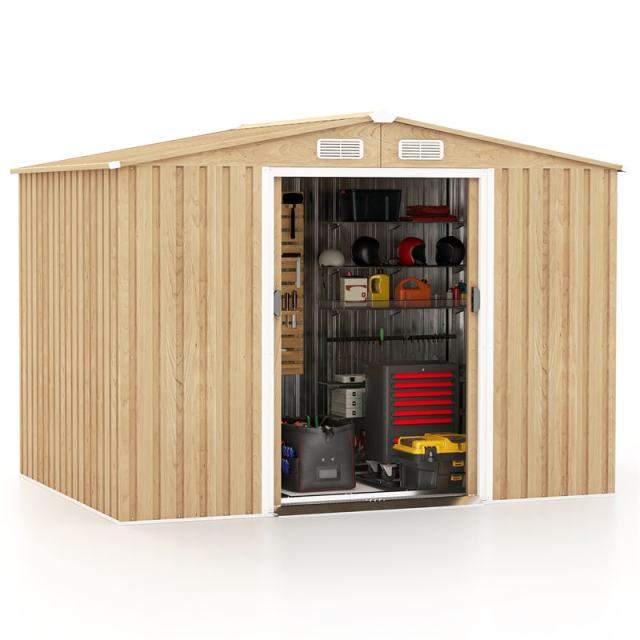 8' x 6' Outdoor Storage Shed, Woodgrain Galvanized Steel Garden Tool Shed with Base Floor, Lockable Sliding Door & Waterproof for Patio Backyard