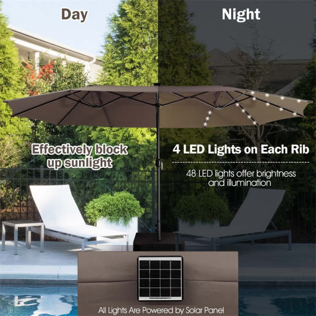 15FT Double-Sided Patio Umbrella with Base, 48 Solar LED Lights & Crank Handle, Extra Large Double Outdoor Umbrella for Poolside, Backyard