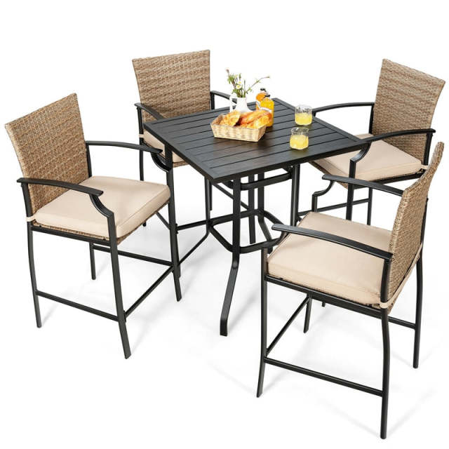 Patio Rattan Bar Stools Set of 4, Outdoor Wicker Counter Height Bar Chairs with Soft Cushions, High Backrests & Curved Armrests for Garden, Poolside