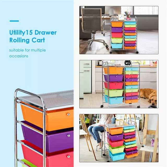 15-Drawer Rolling Storage Cart, Art &  Craft Organizer with Wheels & Removable Drawers for Tools, Scrapbook Paper, Home Office School