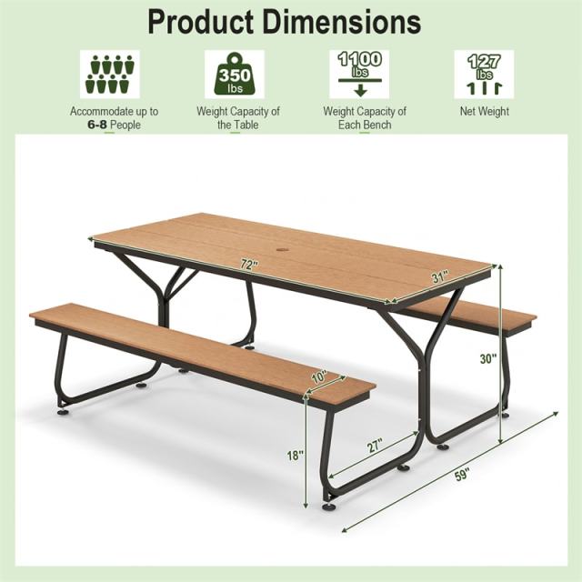 6FT Outdoor Picnic Table Bench Set for 6-8 Person, All-Weather HDPE Heavy-Duty Picnic Table with 2 Benches & Umbrella Hole, 2550LBS Capacity