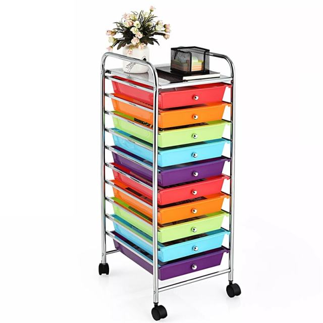 10-Drawer Rolling Storage Cart, Utility Cart with Drawers & Lockable Wheels, Mobile Art Craft Drawer Cart for Home Office, School