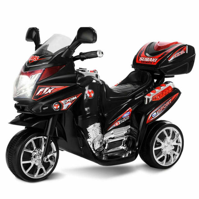 6V Kids Ride-On Motorcycle, Battery Powered 3-Wheel Motorcycle with LED Headlights, Music, Storage Trunk, Electric Motorcycle Toy for Boys/Girls he1