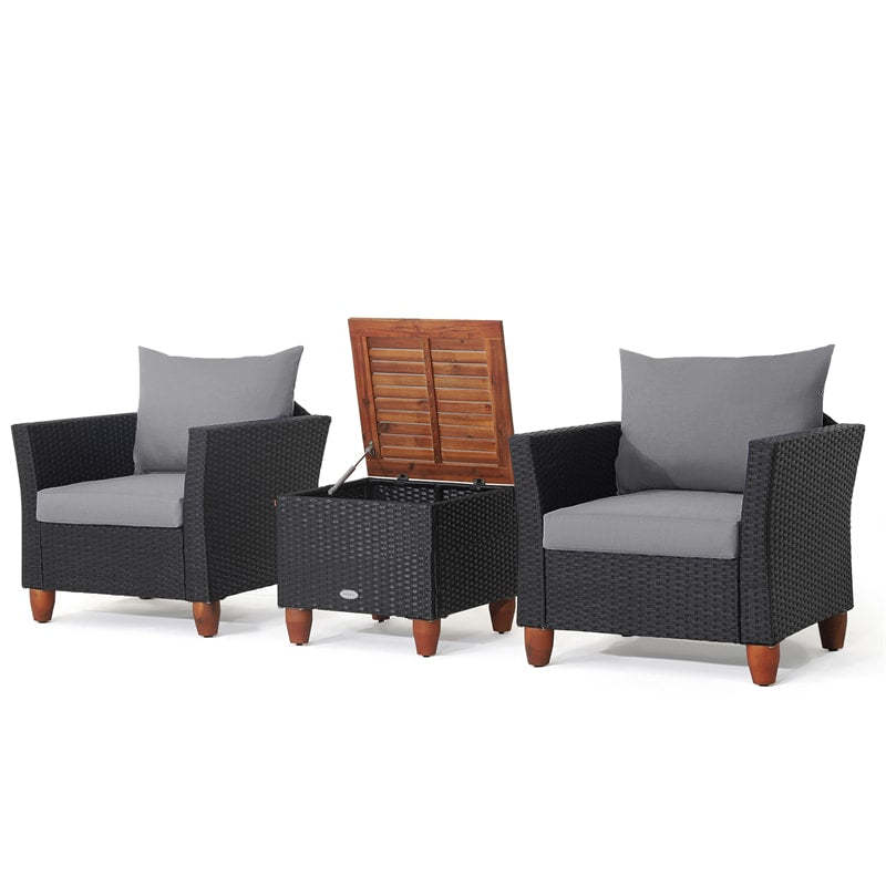 3PCS Patio Rattan Furniture Set Cushioned Sofa Chair Storage Coffee Table with Acacia Wood Top, Outdoor Wicker Conversation Set for Garden