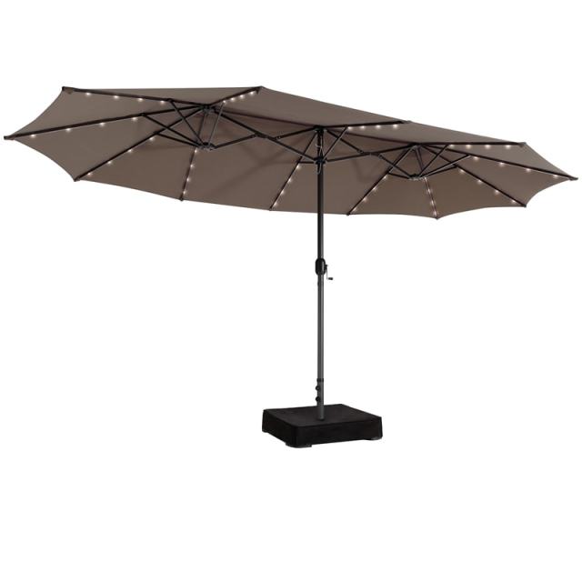 15FT Double-Sided Patio Umbrella with Base, 48 Solar LED Lights & Crank Handle, Extra Large Double Outdoor Umbrella for Poolside, Backyard