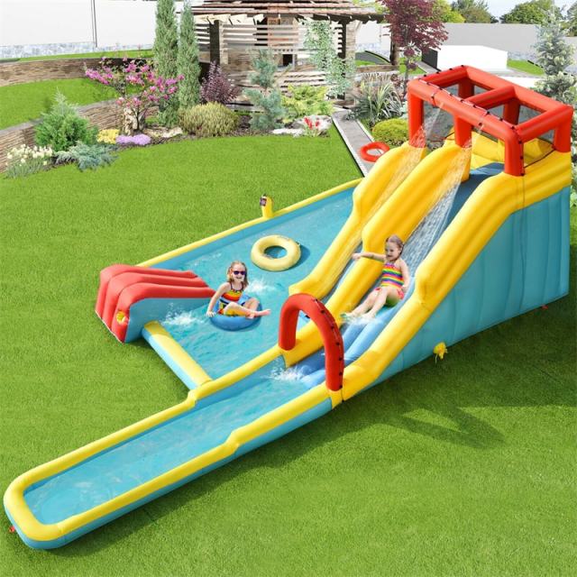 7-in-1 Mega Inflatable Water Slide, Double Surfing Slide Water Park Bounce House with Large Splash Pool & Climbing Wall for Big Kids, Backyard Fun