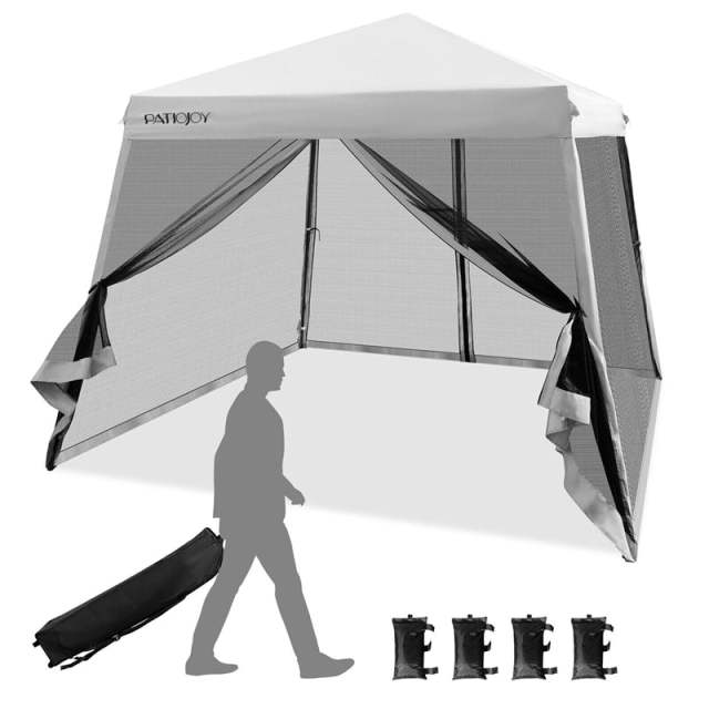 10x10FT Slant Leg Pop-Up Canopy with Mesh Sidewalls & Roller Bag, Foldable Outdoor Instant Setup Canopy Tent for Patio, Camping, Beach Events
