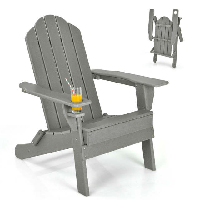 HDPE Folding Adirondack Chair, Outdoor Fire Pit Chair with Cup Holder, Weather Resistant Patio Lounge Chair for Backyard, Garden, Poolside