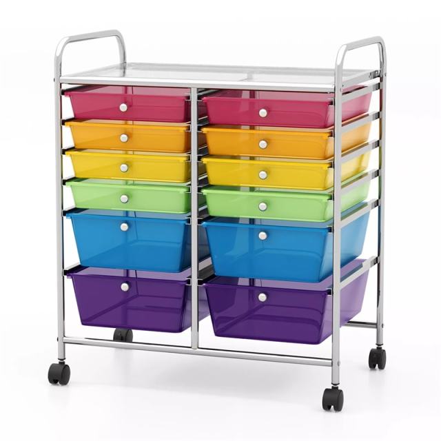 12-Drawer Rolling Storage Cart, Multipurpose Organizer Cart with Lockable Casters, Mobile Utility Cart for School Office Beauty Salon