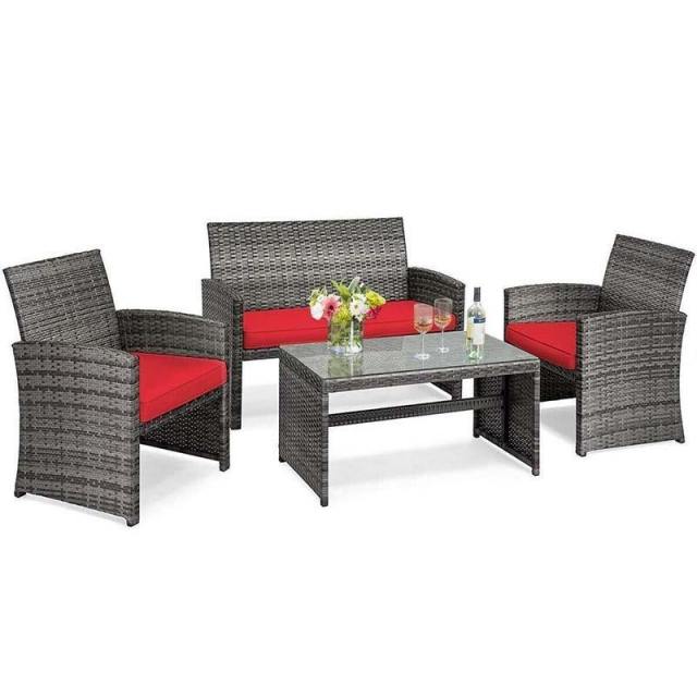 4-Piece Patio Wicker Conversation Set, Outdoor Rattan Sofa Chairs with Cushions & Tempered Glass Coffee Table for Balcony, Backyard, Garden