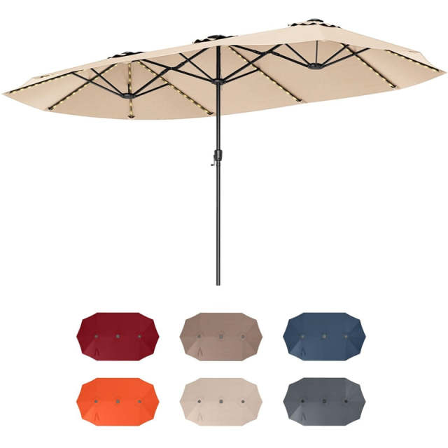 15.5FT Extra Large Patio Umbrella with 144 Solar LED Lights & Crank Handle, 12 Heavy-Duty Ribs Double-Sided Market Umbrella for Deck, Poolside