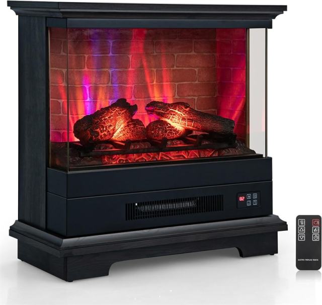 27" Electric Fireplace with Mantel, 3-Sided Glass View Freestanding Heater 1400W with 7 Flame Colors, Remote, 6H Timer & Overheat Protection