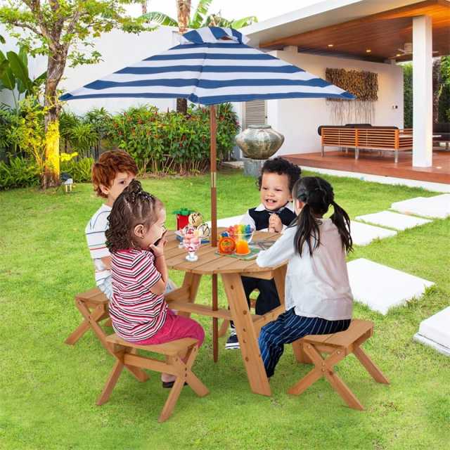 Kids Picnic Table & Bench Set, Fir Wood Octagon Table with Chairs & Removable Umbrella, Toddler Activity Furniture for Patio Garden Backyard