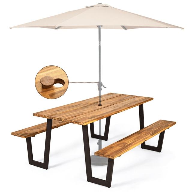 Acacia Wood Picnic Table Bench Set for 6-8, Patented 70" Outdoor Dining Set with Umbrella Hole, Heavy Duty Frame, 1600lbs Capacity for Patio, Backyard