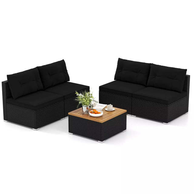 5 Piece PE Rattan Patio Sofa Set with Acacia Wood Top Coffee Table, Seat & Back Cushions, Wicker Outdoor Sectional Furniture for Backyard Garden