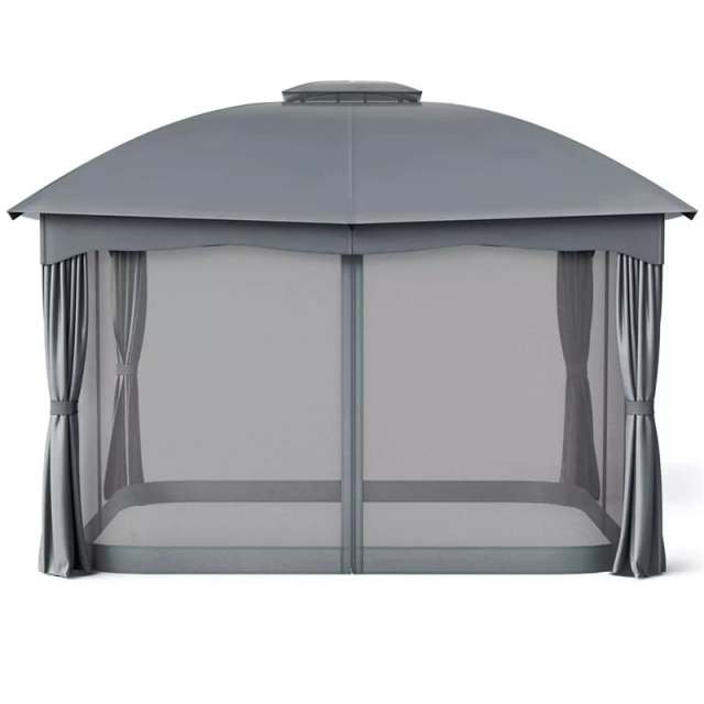2 x 10FT Heavy Duty Steel Patio Gazebo, Double Vented Outdoor Canopy with Mesh Screen Netting & Zippered Privacy Curtains for Deck Garden Yard