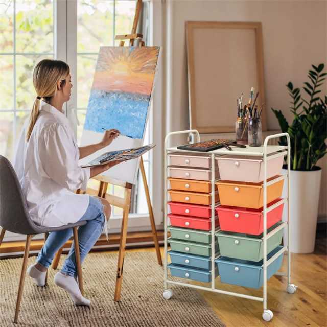 15-Drawer Rolling Storage Cart, Art &  Craft Organizer with Wheels & Removable Drawers for Tools, Scrapbook Paper, Home Office School