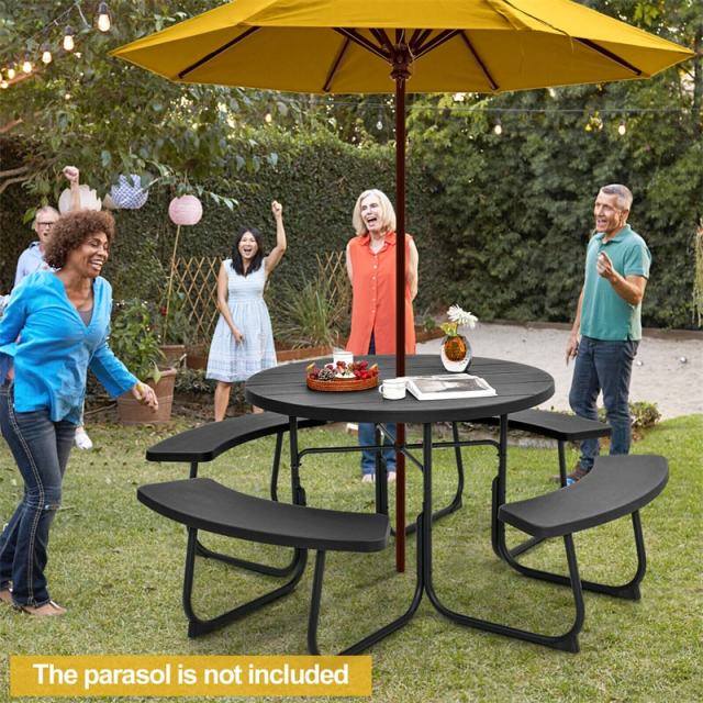 8-Person Outdoor Round HDPE Picnic Table & Bench Set with Umbrella Hole, Metal Frame, 2000LBS Capacity Patio Table Bench Set for Backyard Garden