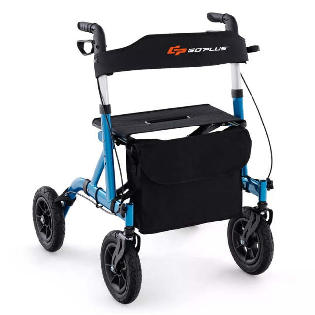 Foldable Rollator Walker with Seat & 9.5" All-Terrain Pneumatic Wheels, 350lbs Heavy Duty Height Adjustable Bariatric Rollator for Seniors/Adults