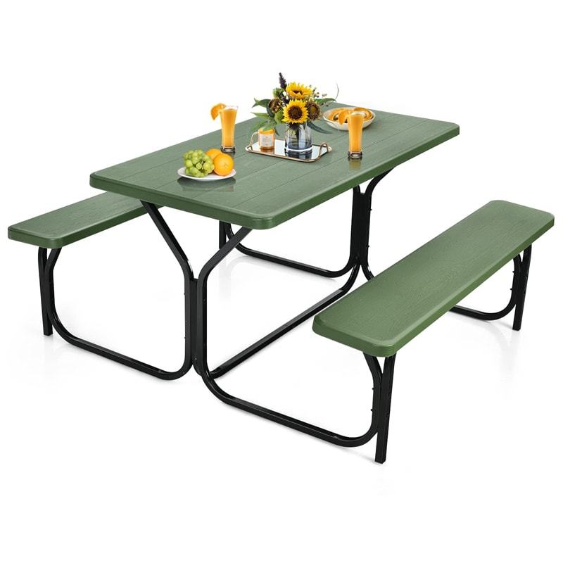 Outdoor Picnic Table Bench Set, All-Weather Metal Frame Camping Table with Built-in Benches & Wood-Like Tabletop for Backyard, Patio, Poolside
