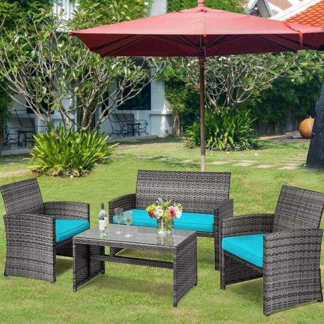 4-Piece Patio Wicker Conversation Set, Outdoor Rattan Sofa Chairs with Cushions & Tempered Glass Coffee Table for Balcony, Backyard, Garden