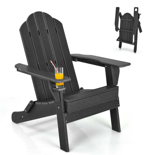 HDPE Folding Adirondack Chair, Outdoor Fire Pit Chair with Cup Holder, Weather Resistant Patio Lounge Chair for Backyard, Garden, Poolside