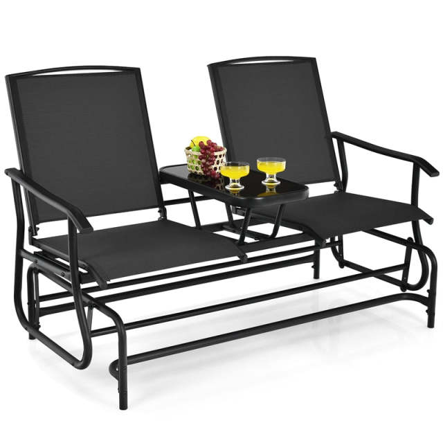 2-Person Outdoor Glider Chair with Center Tempered Glass Table, Steel Frame & Breathable Mesh, Patio Rocking Bench for Porch Garden Poolside