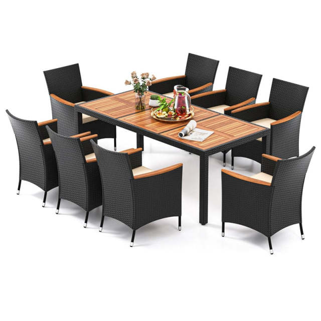 9 Pieces Rattan Outdoor Dining Set Large Patio Conversation Set with Acacia Wood Tabletop, Umbrella Hole & Seat Cushions