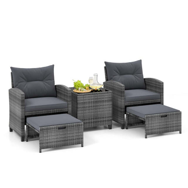 5-Piece Patio Rattan Furniture Set, Wicker Cushioned Chairs with 2 Ottomans & Tempered Glass Coffee Table for Backyard, Lawn, Poolside, Deck