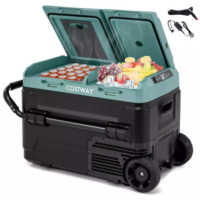 12V Dual Zone Car Refrigerator On Wheels 42-Quart Portable Car Fridge Freezer for RV Camping with Touch Control Panel, ECO Mode, Reversible Lids