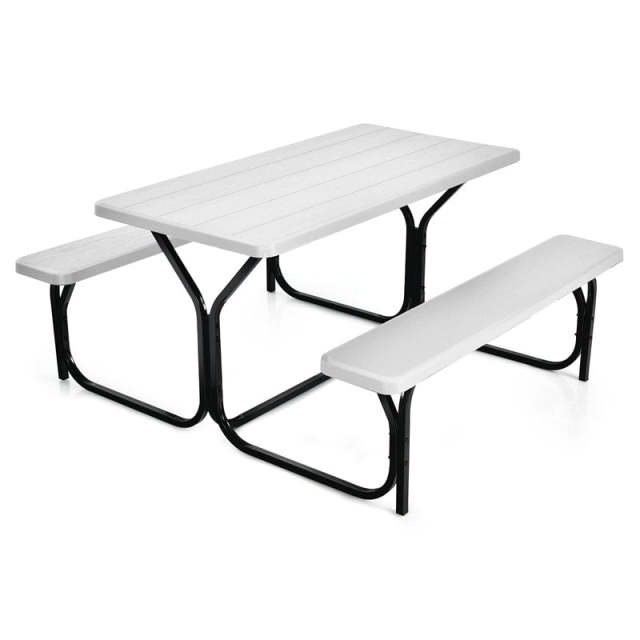Outdoor Picnic Table Bench Set, All-Weather Metal Frame Camping Table with Built-in Benches & Wood-Like Tabletop for Backyard, Patio, Poolside