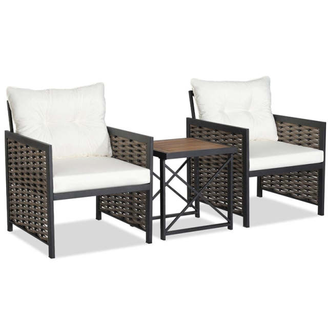 3 Piece Patio Rattan Furniture Set with 2 Cushioned Chairs, Acacia Wood Coffee Table, Heavy-Duty Metal Frame Outdoor Wicker Conversation Set