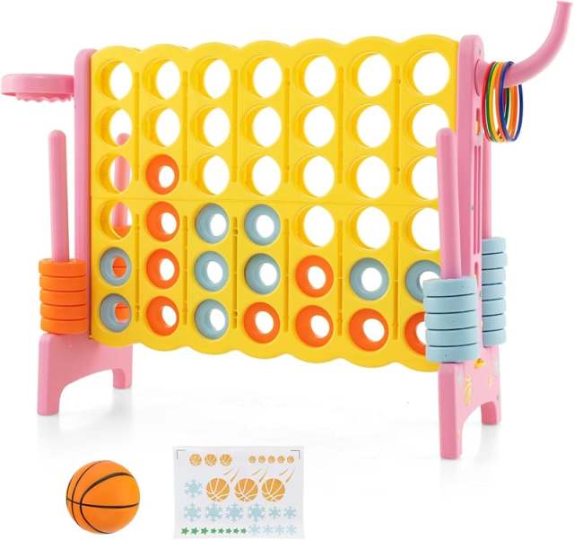 Giant 4-in-A-Row Game Set with 42 Jumbo Rings, Basketball Hoop, Quick-Release Slider, 2.5FT Indoor/Outdoor Connect Game for Kids & Adults