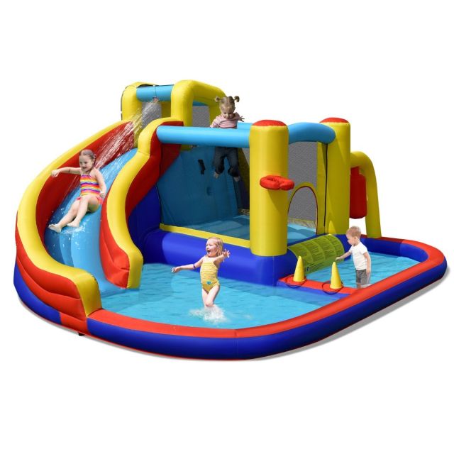 7-in-1 Inflatable Bounce Castle with Curved Water Slide (without Blower)