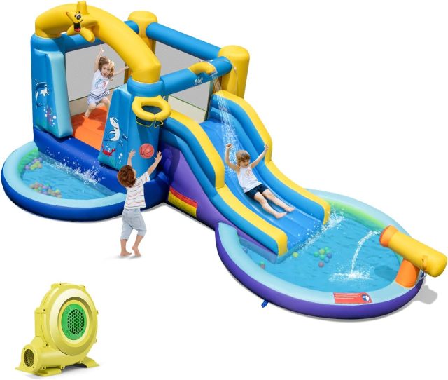 Inflatable Water Slide, Inflatable Water Park Jumping Castle w/2 Splash Pools, Basketball Hoop he1