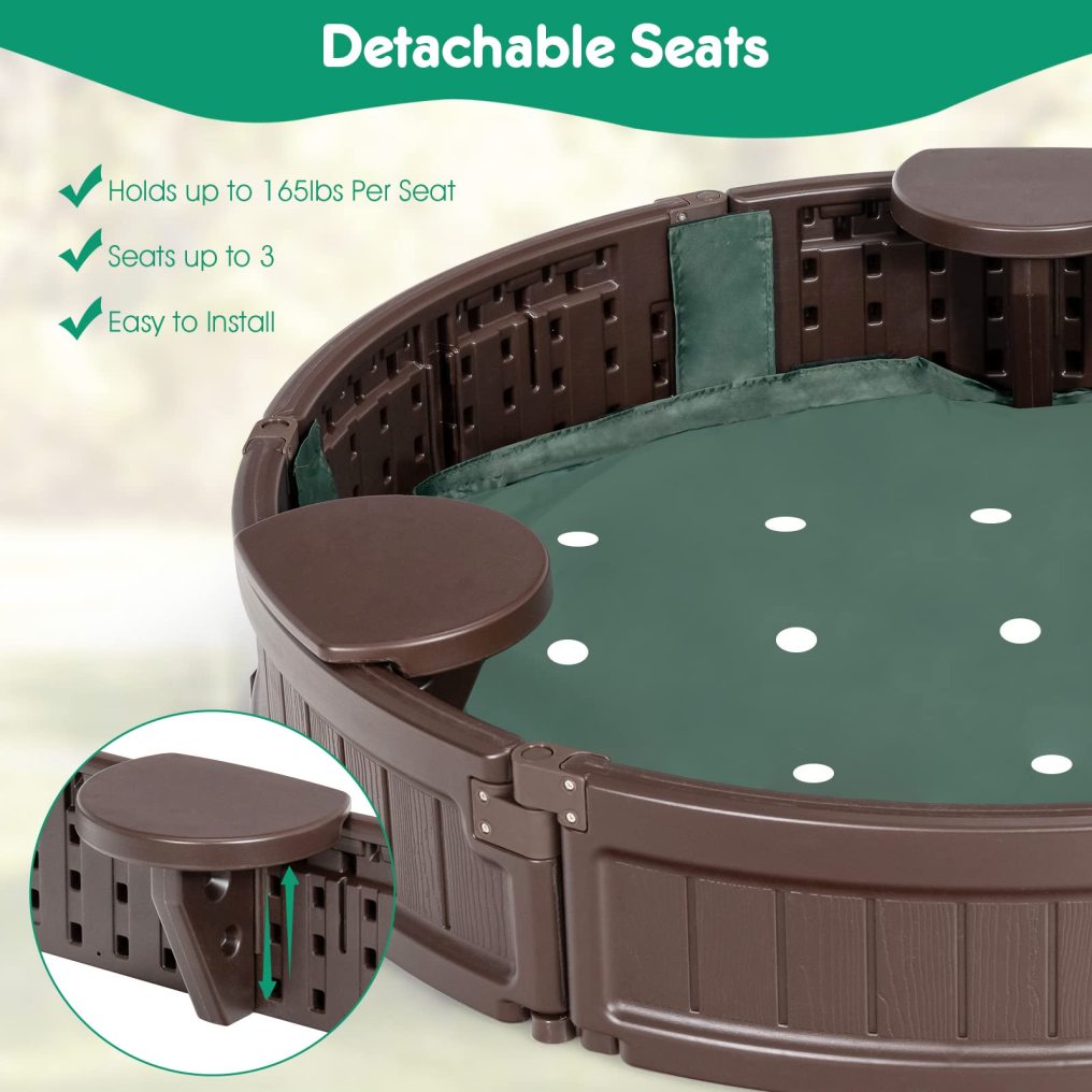 HONEY JOY Sandbox with Cover, Round Sand Pit Play Station for Backyard, 3 Built-in Seating & Bottom Drainage Liner