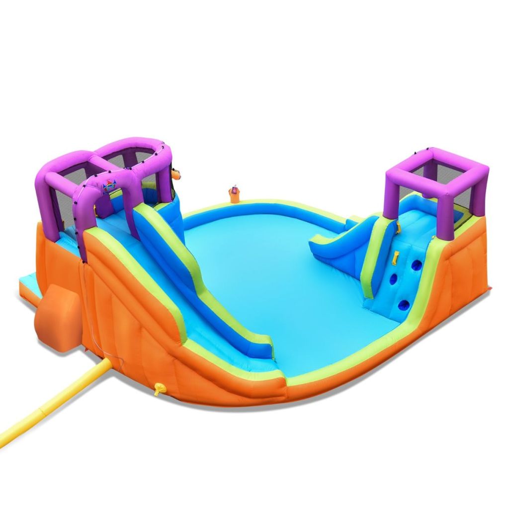 Kids Inflatable Bouncy Castle with Double Slides & Water Guns & Basketball Hoop (without Blower)
