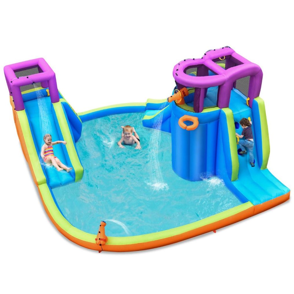 Kids Inflatable Bouncy Castle with Double Slides & Water Guns & Basketball Hoop (without Blower)