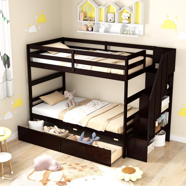 KOMFOTT Wood Twin Over Twin Bunk Bed with 2 Storage Drawers & Stairs
