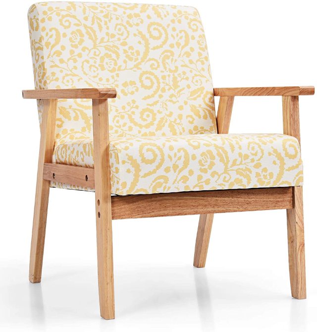 KOMFOTT Mid Century Accent Arm Chairs, Fabric Modern Armchairs w/Rubber Wood, Pretty Pattern, Soft Sponge