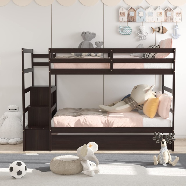 KOMFOTT Twin Over Twin Bunk Bed with Trundle & Staircase, Storage Shelves & Drawer