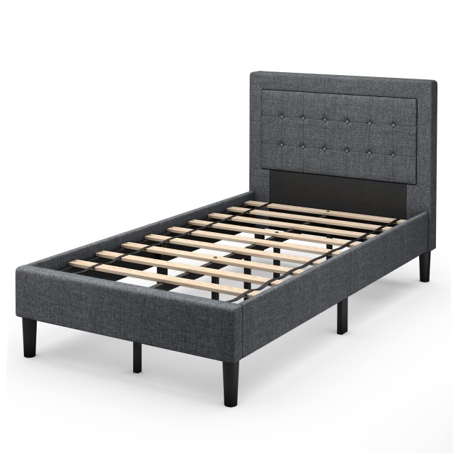 KOMFOTT Twin Size Linen Upholstered Platform Bed Frame with Button Tufted Headboard and Wooden Slats