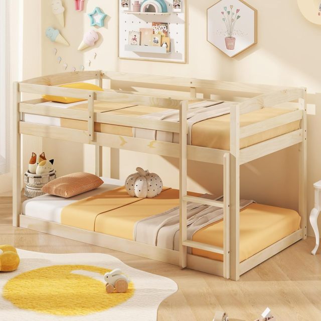 KOMFOTT Twin Over Twin Solid Wood Low Bunk Bed with Full Guardrails & Integrated Ladder
