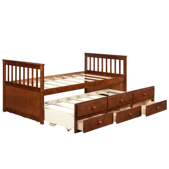 KOMFOTT Twin Captain’s Bed with Trundle Bed, Wood Storage Daybed with 3 Storage Drawers