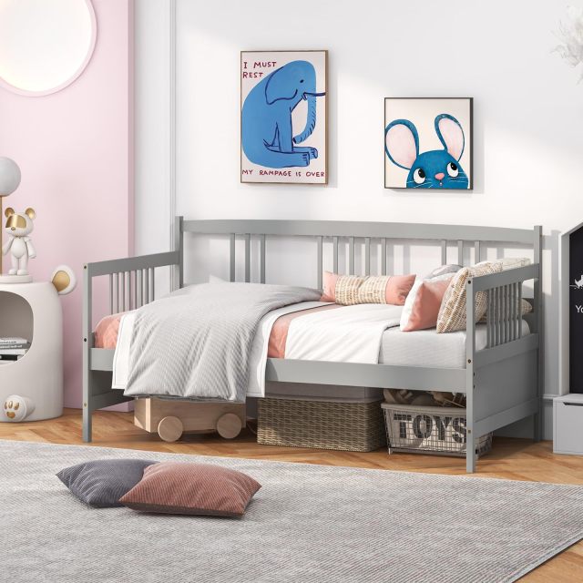 KOMFOTT Twin Daybed Frame, Wooden Sofa Bed Guest Bed with Rails & Wood Slat Support